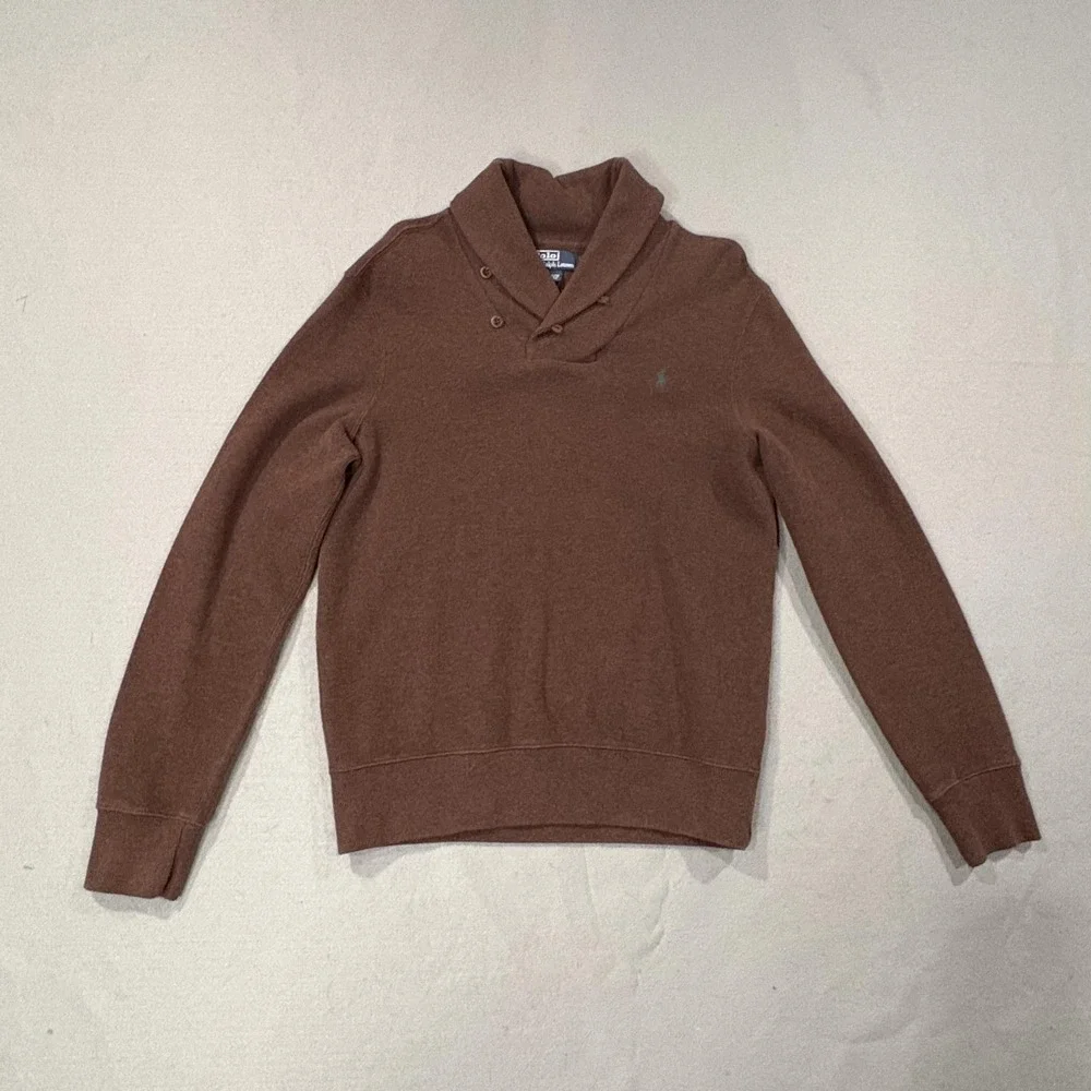 Polo Ralph Lauren Sweater Mens Medium Brown Shawl Collar Cotton Pullover Logo